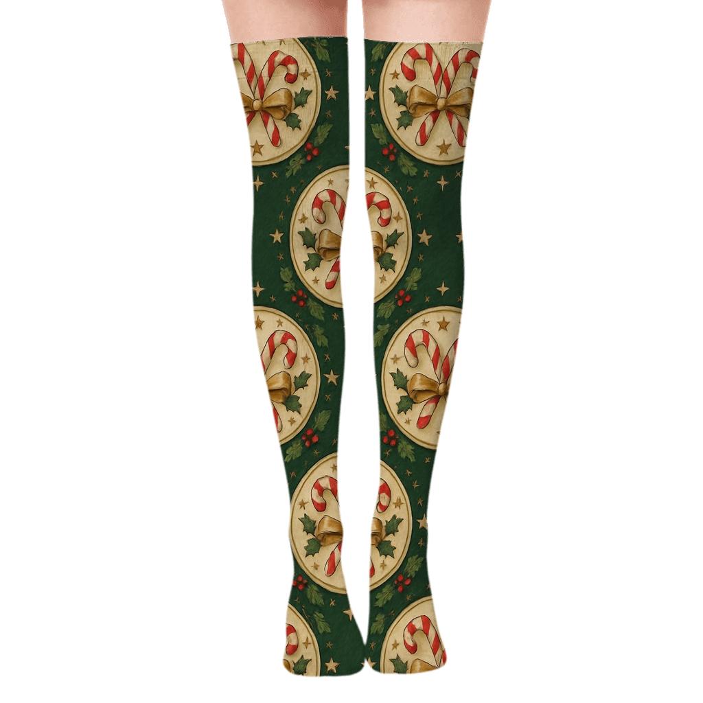 Ribbon Halo Candy Canes Medallions trendy patterned over-the-knee socks