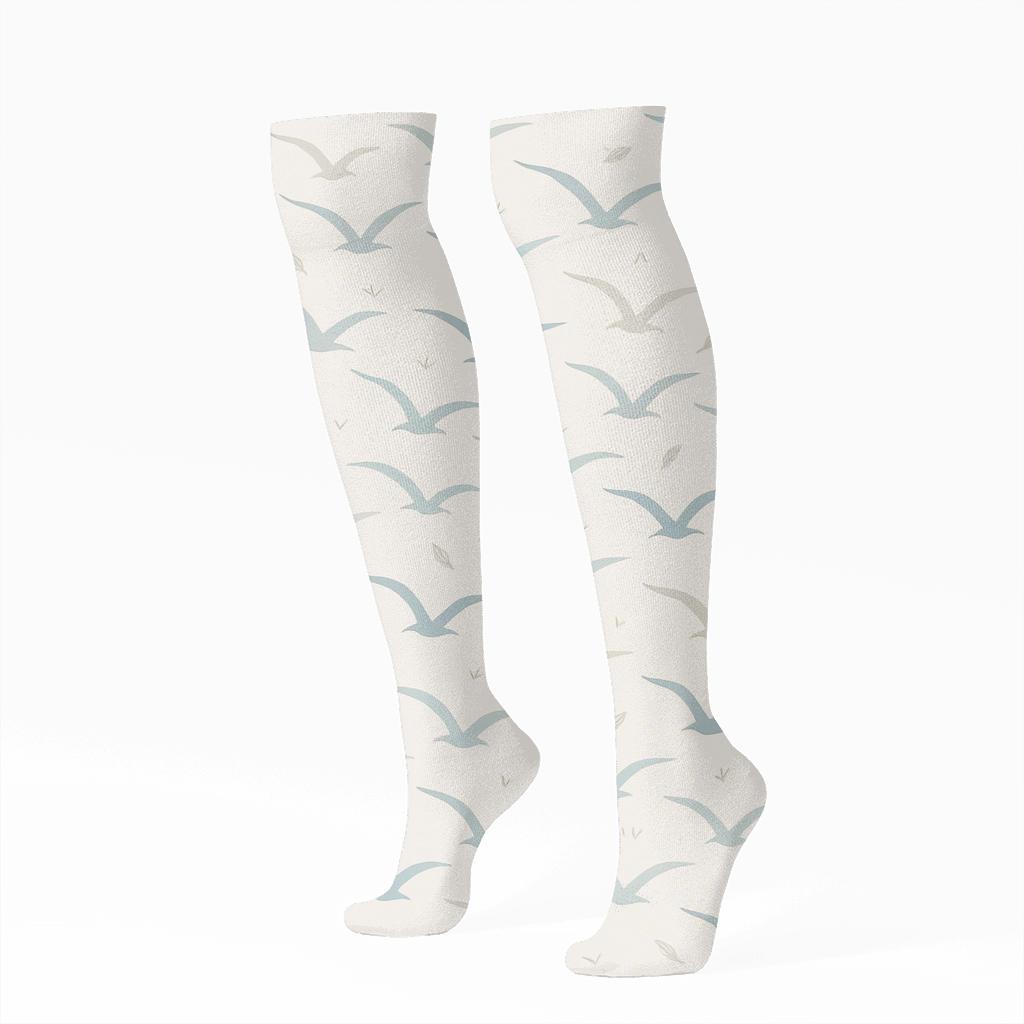 Seagull Flight Wave Repeat On Light Ivory premium sports knee-high socks