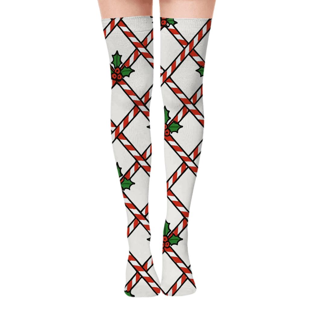 Candy Cane Grid Holiday Edition designer print over-the-knee socks
