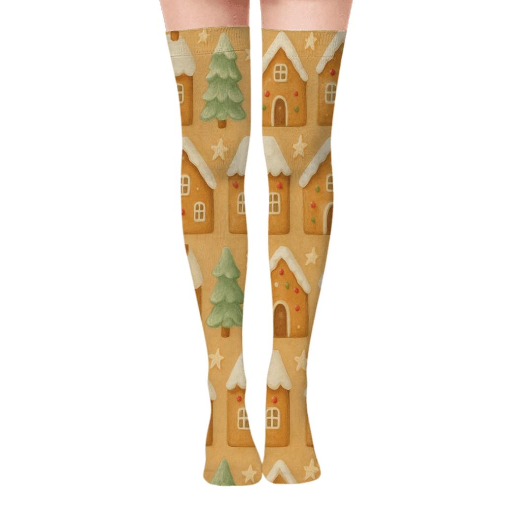 Gingerbread Village Holiday Tiling soft everyday over-the-knee socks