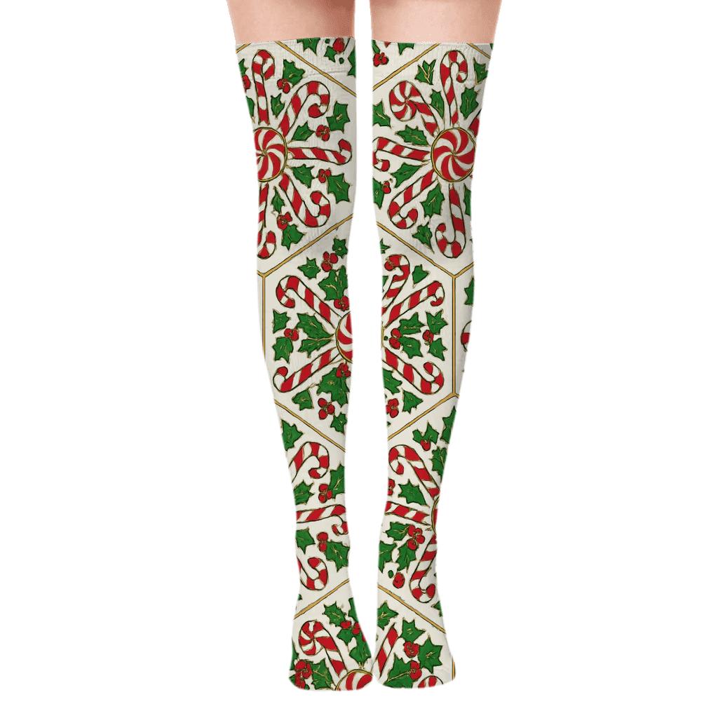 Candy Cane Kaleidoscope Holiday Design custom over-the-knee socks