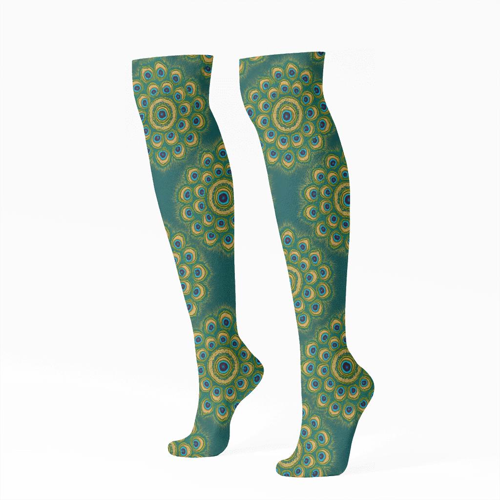 Peacock Eye Spiral Rings On Deep Teal stylish athletic knee-high socks