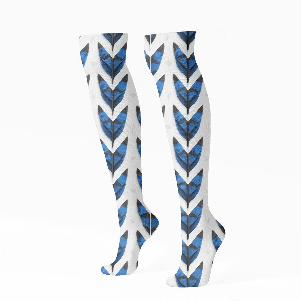 Blue Jay Tail Feather Chevron Ladder On White comfortable cotton knee-high socks