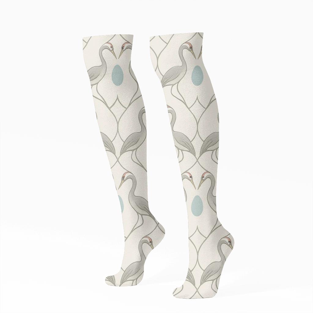 Crane Neck Curve Trellis On Pearl White premium sports knee-high socks