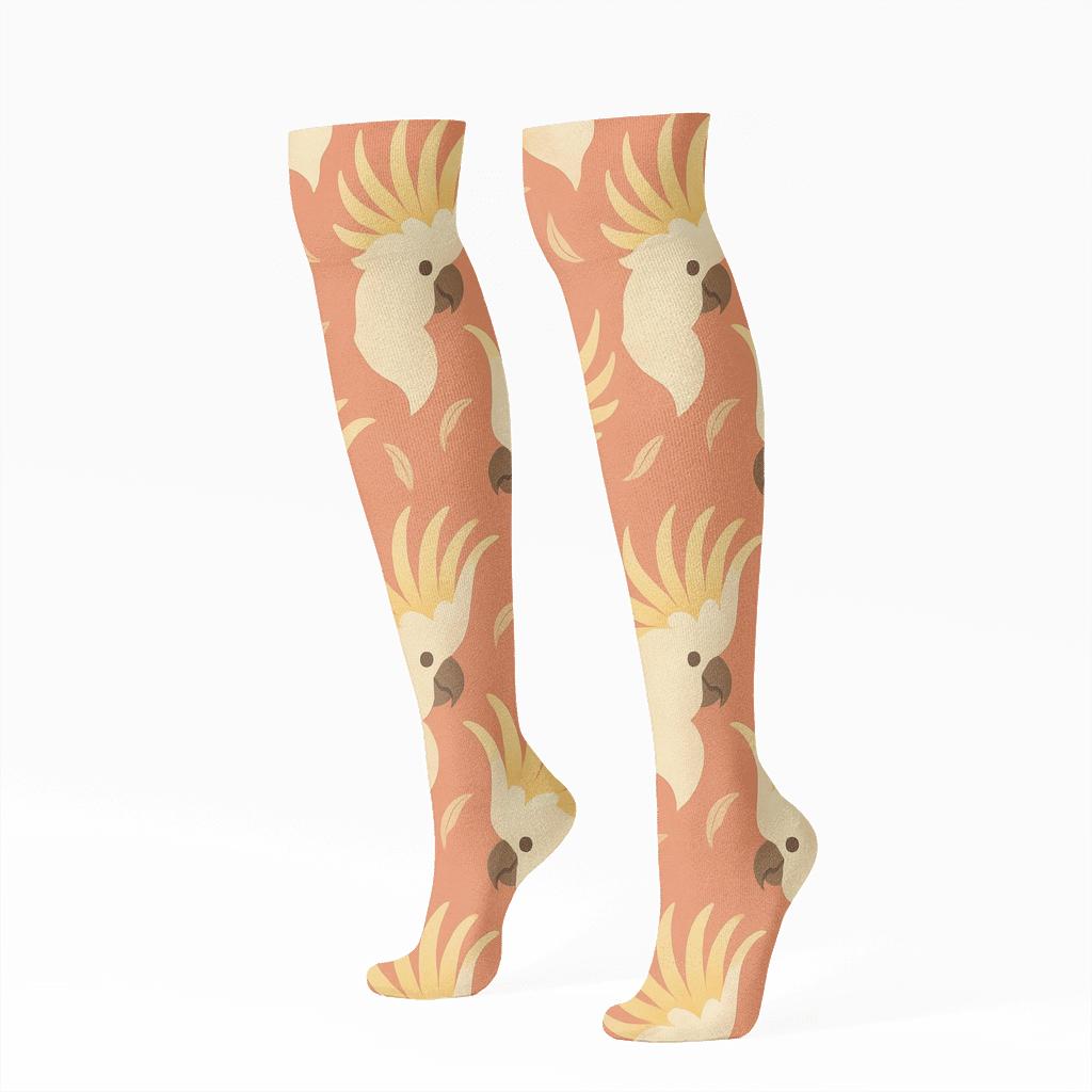 Cockatoo Crest Cascade On Soft Coral comfortable cotton knee-high socks
