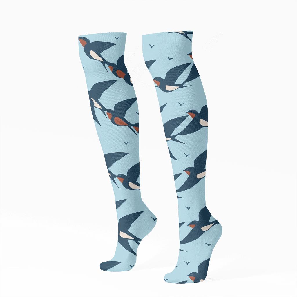 Barn Swallow Tail Fork Chain On Sky Blue unique graphic knee-high socks