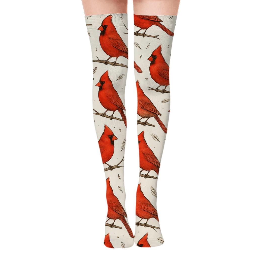 Cardinal Branch Bands On Winter White designer print over-the-knee socks