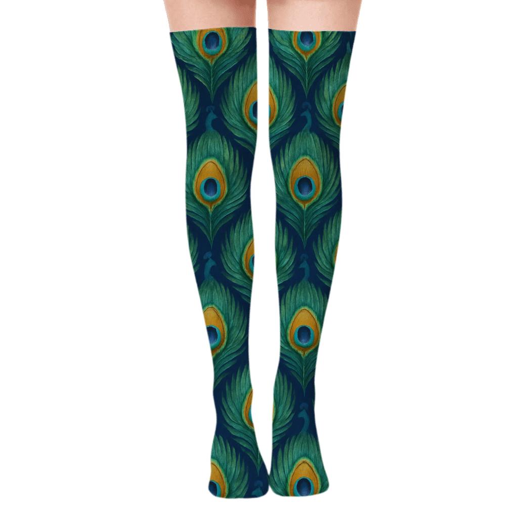 Peacock Feather Fan Tessellation On Deep Navy trendy patterned over-the-knee socks
