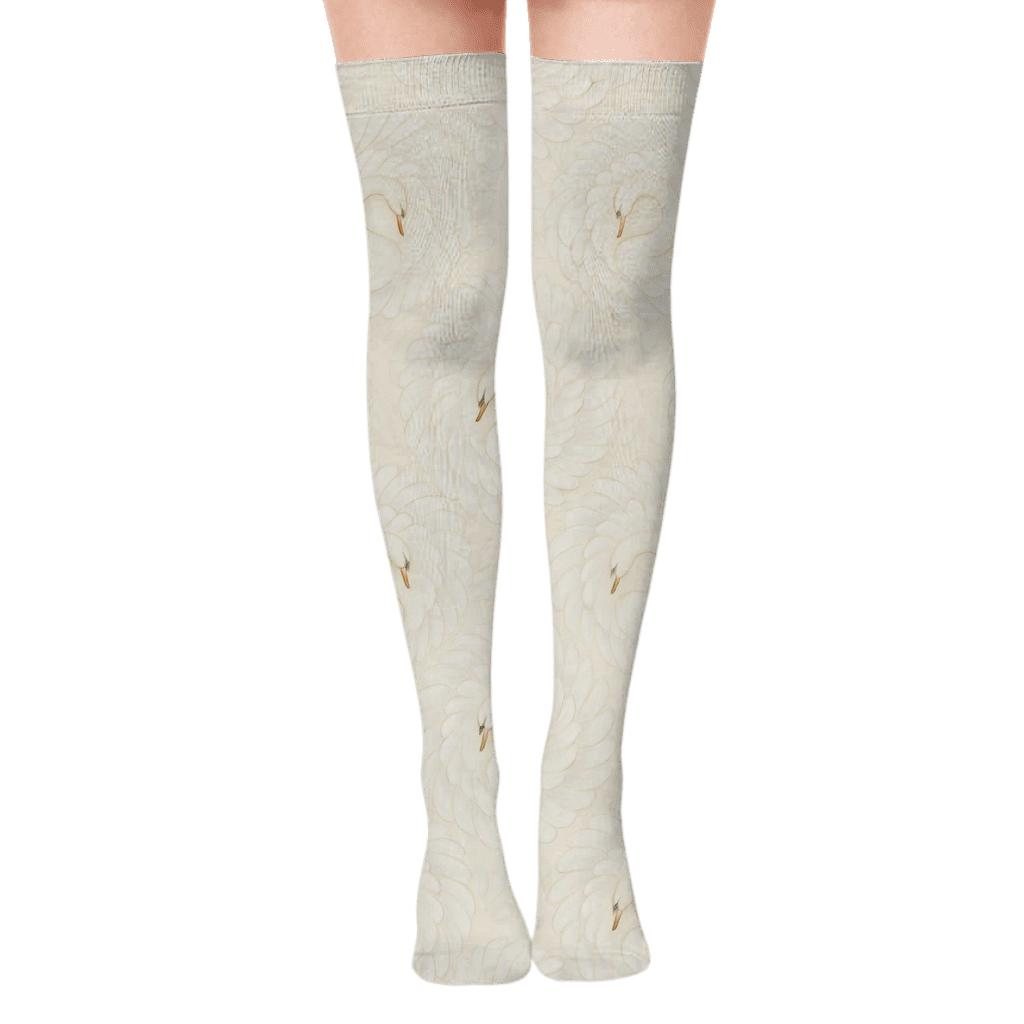 Swan Wing Crescent Rings On Ivory premium cozy over-the-knee socks