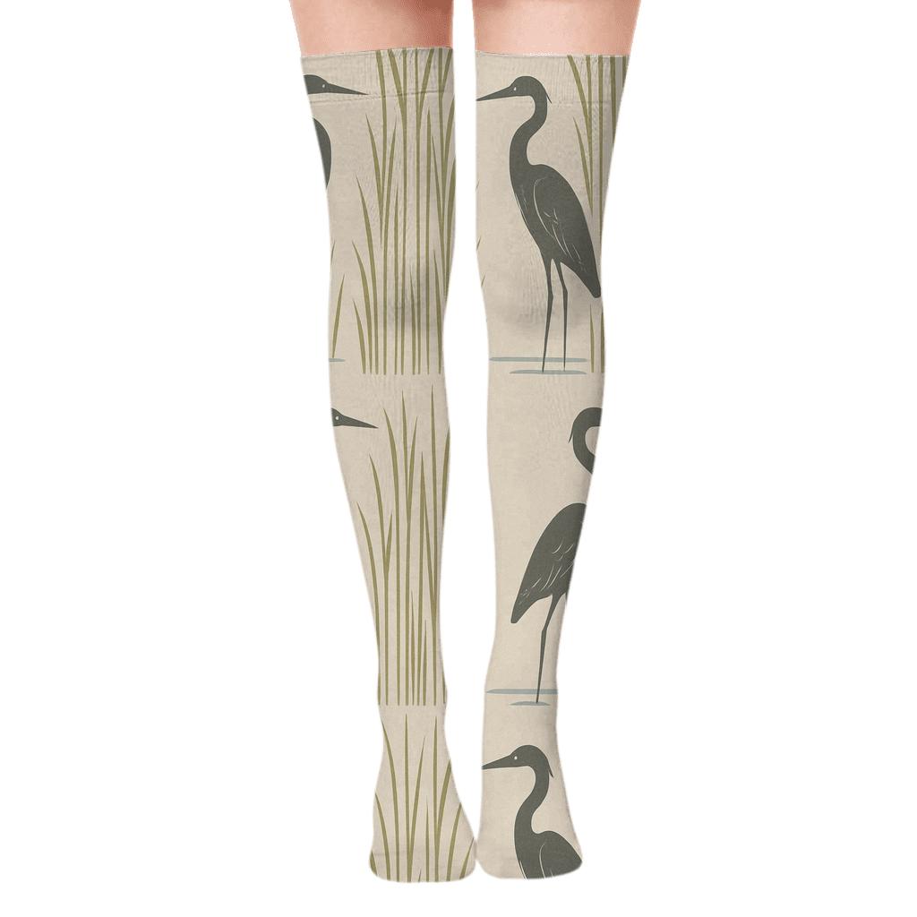 Heron Reed Stripe Silhouette On Misty Beige custom over-the-knee socks