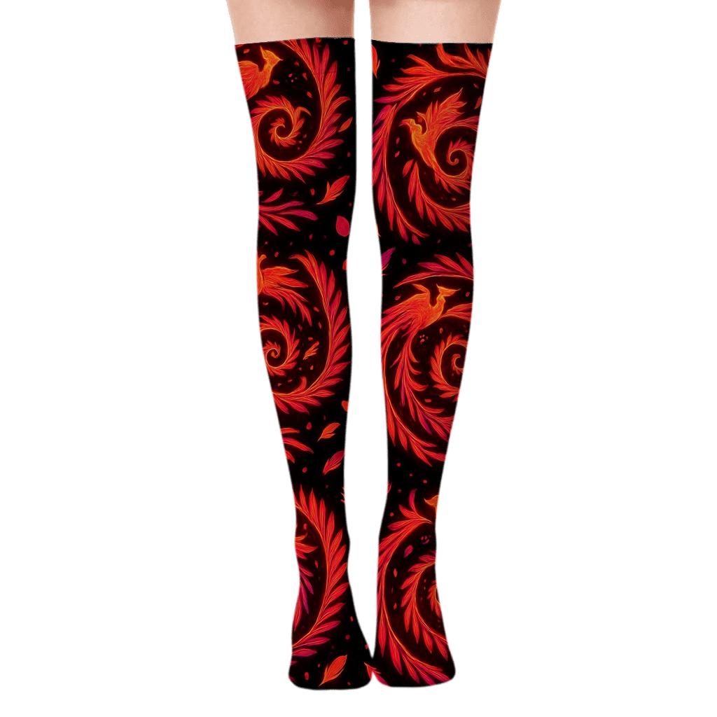 Fantasy Firebird Spiral Constellations On Black trendy patterned over-the-knee socks