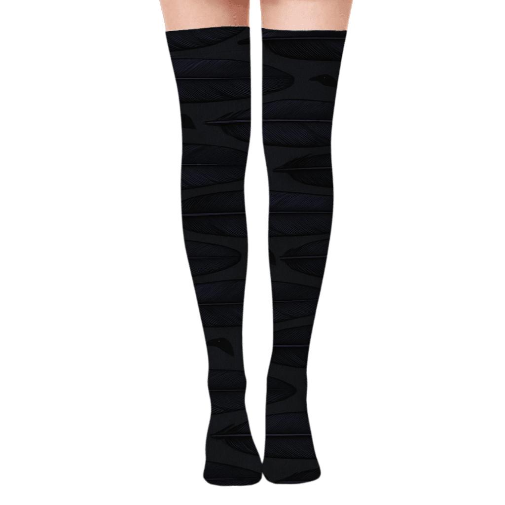 Crow Feather Script Stripe On Charcoal Gray stylish fashion over-the-knee socks