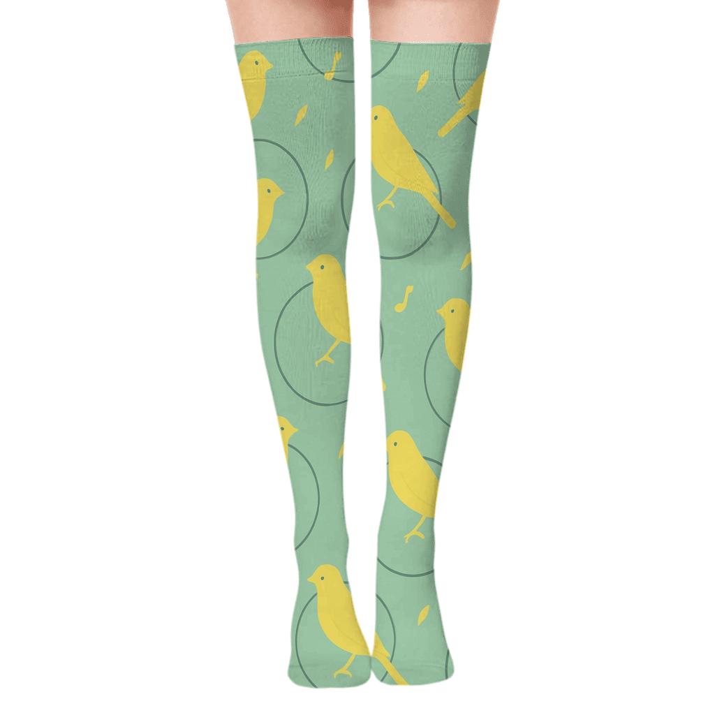 Canary Cage Silhouette Scatter On Soft Mint premium cozy over-the-knee socks