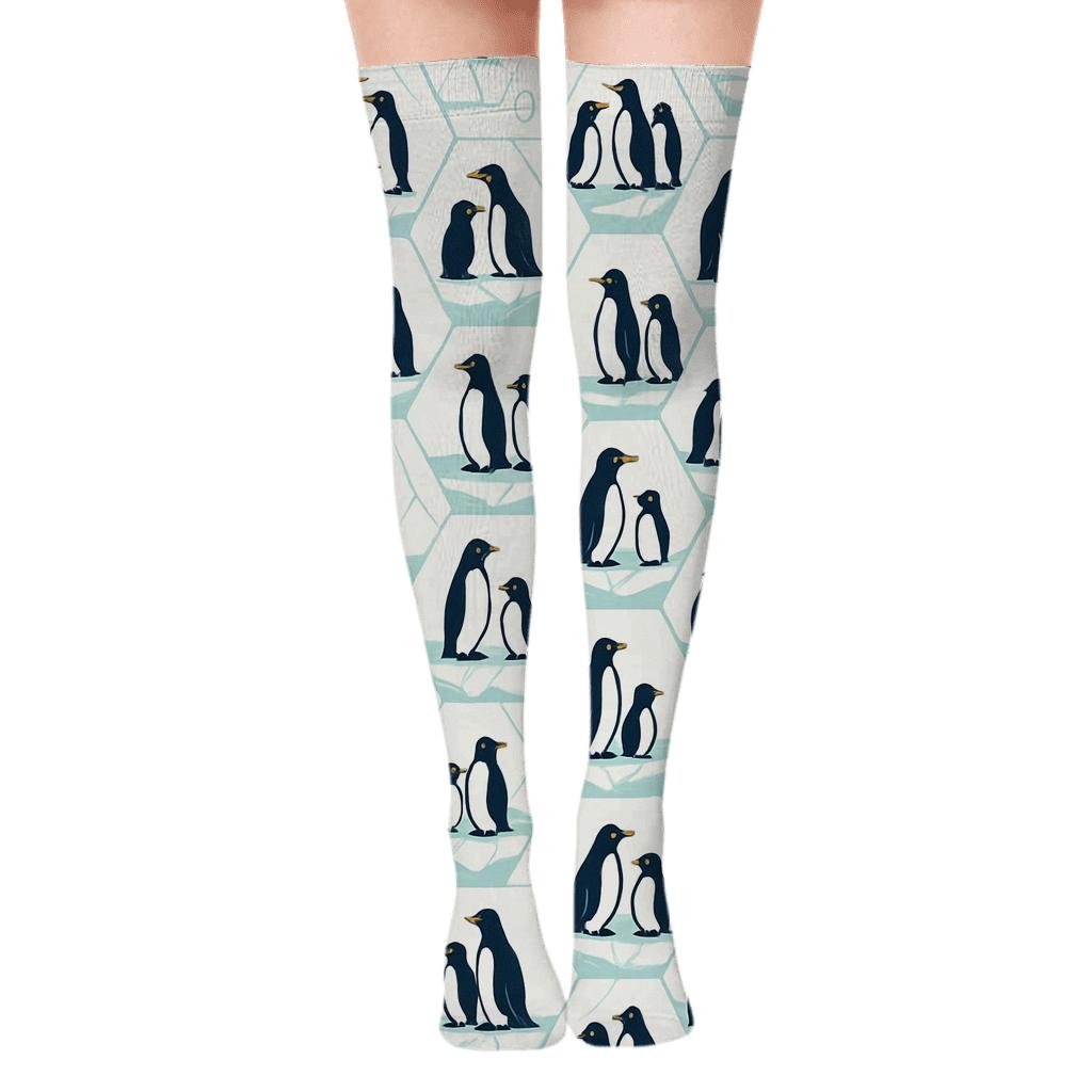 Penguin Ice Floe Hex Tiling On Frost White personalized over-the-knee socks