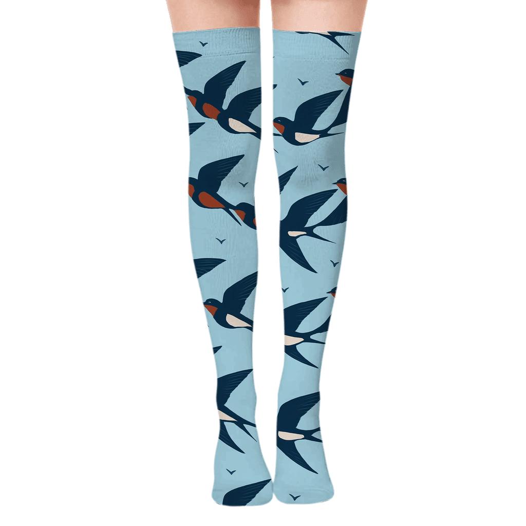 Barn Swallow Tail Fork Chain On Sky Blue comfortable cotton over-the-knee socks