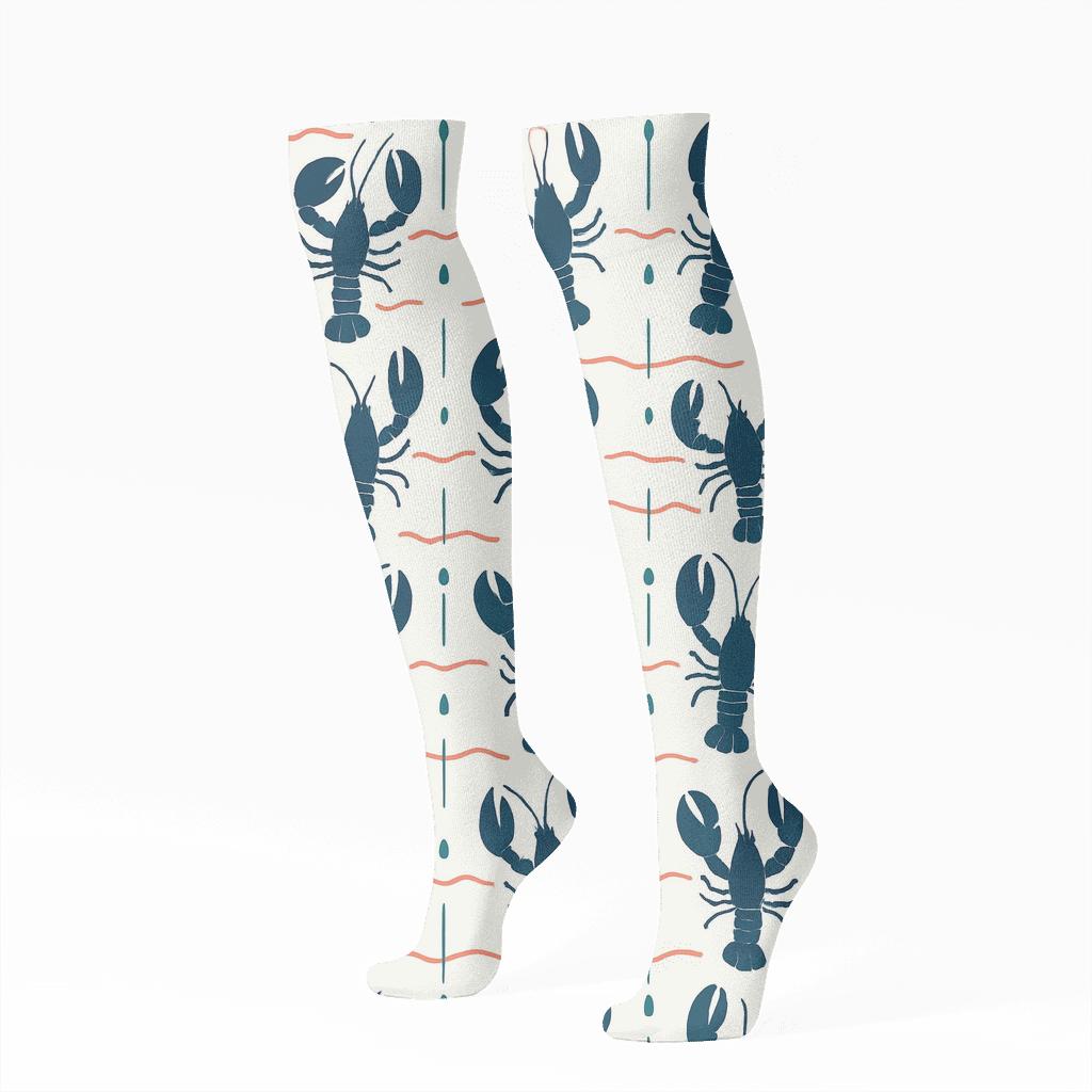Tidal Grid With Lobster Silhouettes trendy patterned knee-high socks