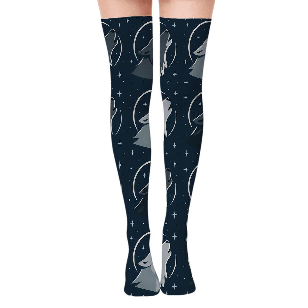 Gray Wolf Night Howl Constellation Grid custom over-the-knee socks