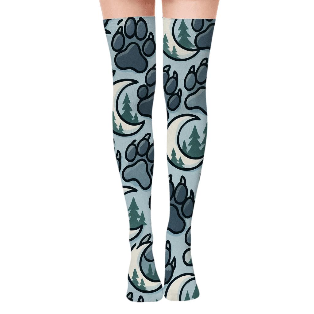 Lunar Forest With Gray Wolf Paw Tessellation unique graphic over-the-knee socks