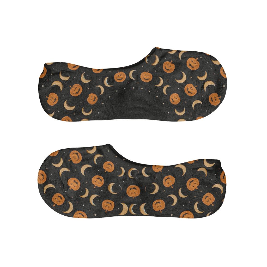 Crescent Moon And Pumpkin Orbit Rings On Black Background breathable no-show socks