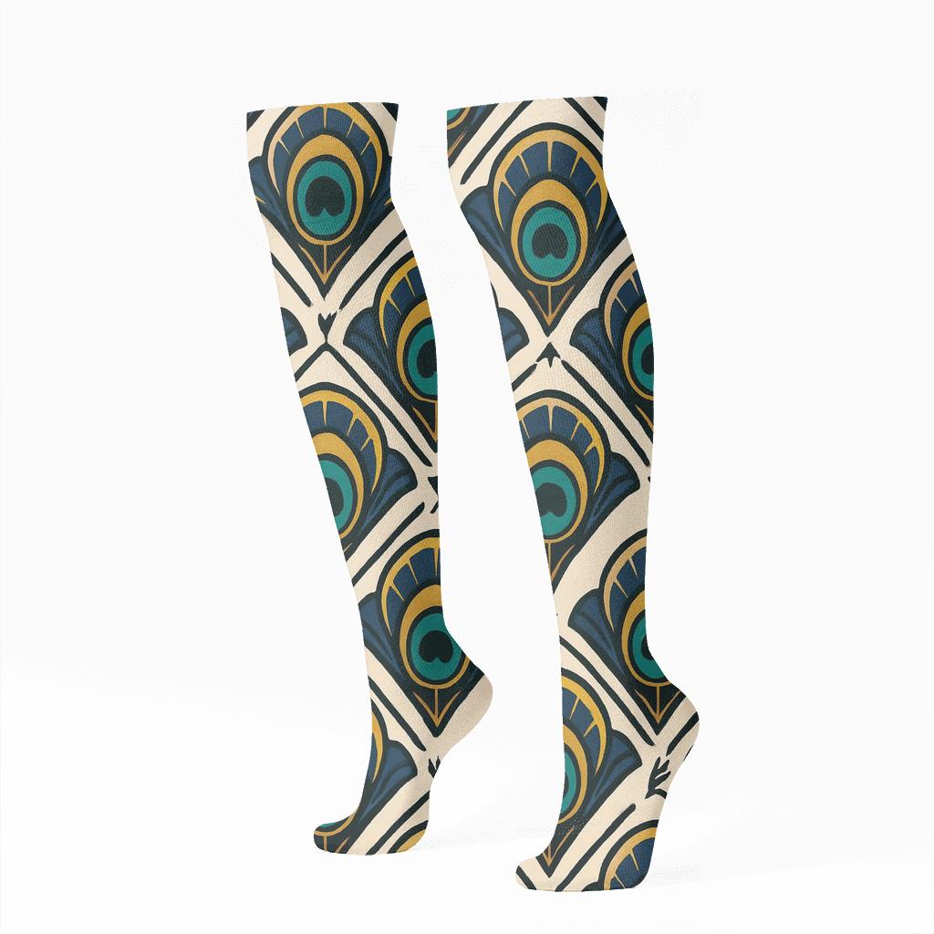 Peacock Feather Fan Lattice On Ivory premium sports knee-high socks