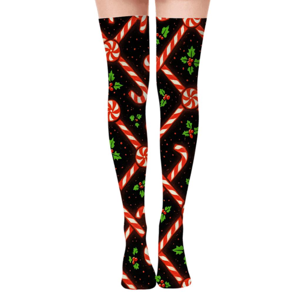 Candy Canes Constellation Lattice On Midnight Ground trendy patterned over-the-knee socks