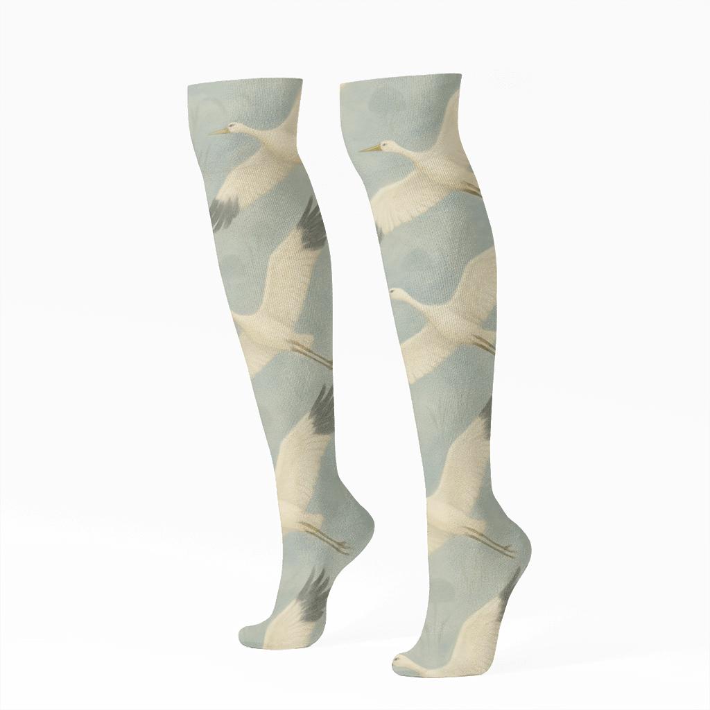 Cranes In Mist Diagonal Flight Array premium sports knee-high socks