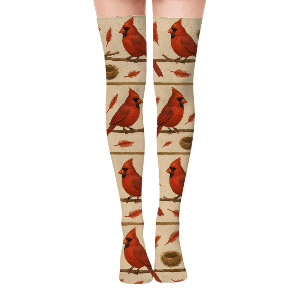 Crimson Cardinal Branch Band Pattern soft everyday over-the-knee socks