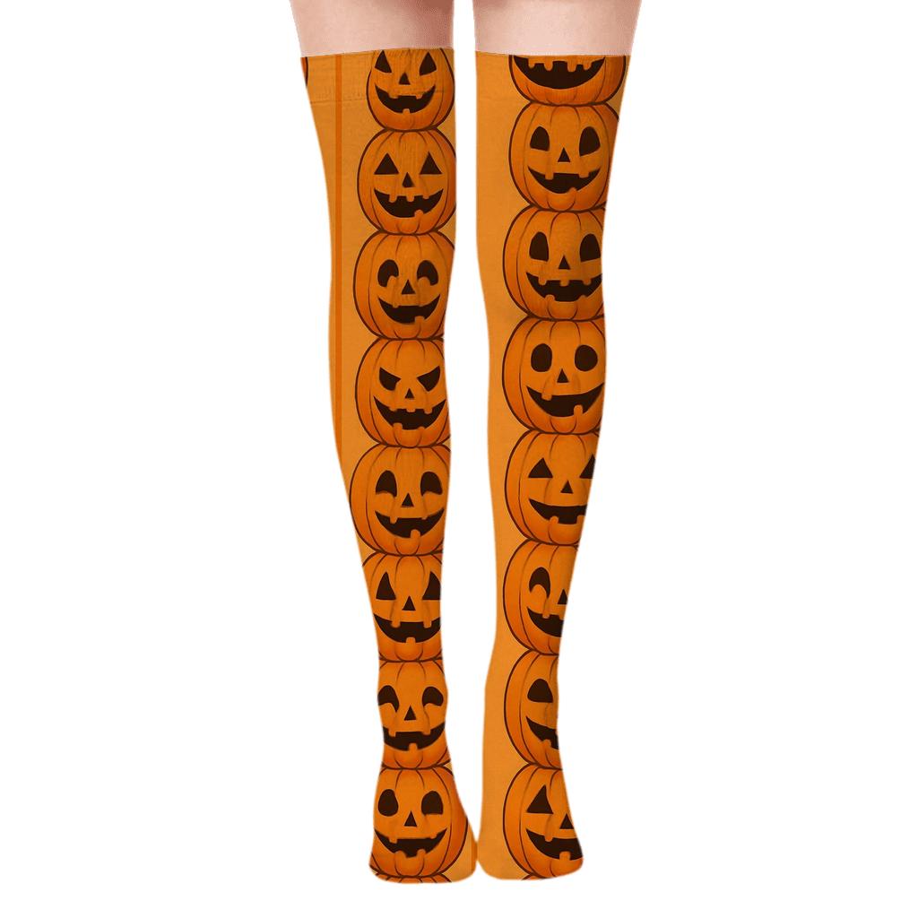 Stacked Pumpkin Totem Stripes On Orange Background designer print over-the-knee socks