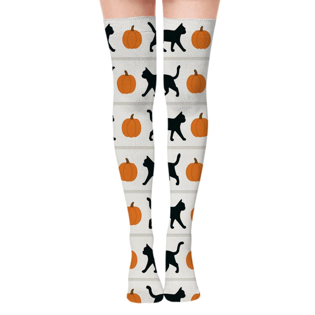 Black Cat Silhouette Parade On White Background comfortable cotton over-the-knee socks