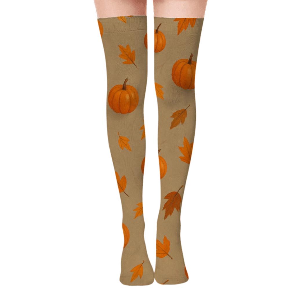 Falling Autumn Pumpkin Leaf Scatter On Proper Background trendy patterned over-the-knee socks