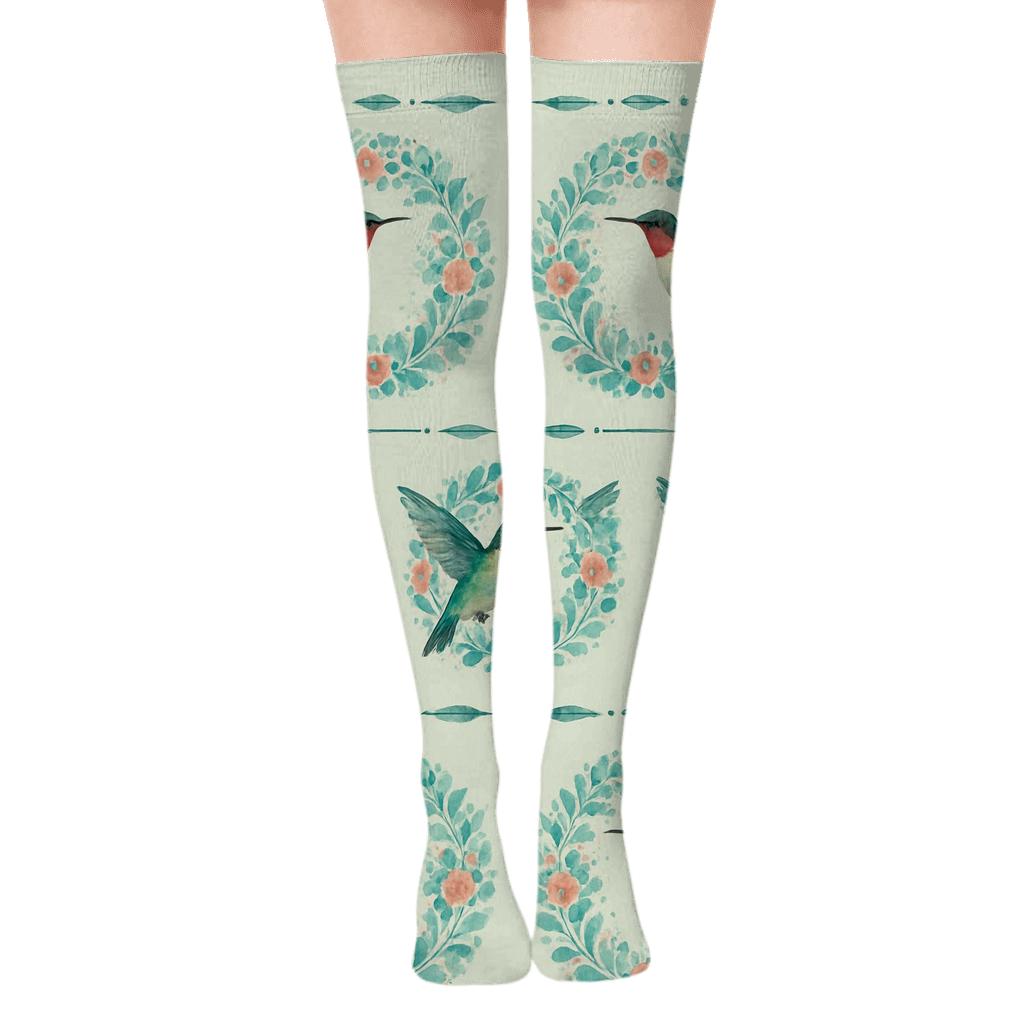 Ruby Throated Hummingbird Flower Ring Band personalized over-the-knee socks
