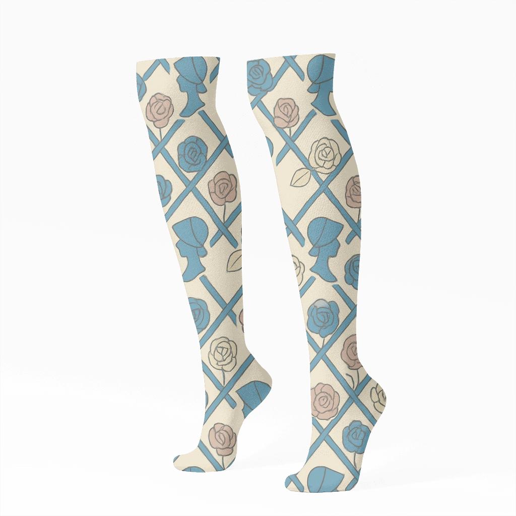 Celestial Ribbon Trellis In Blue Mary Edition designer print knee-high socks