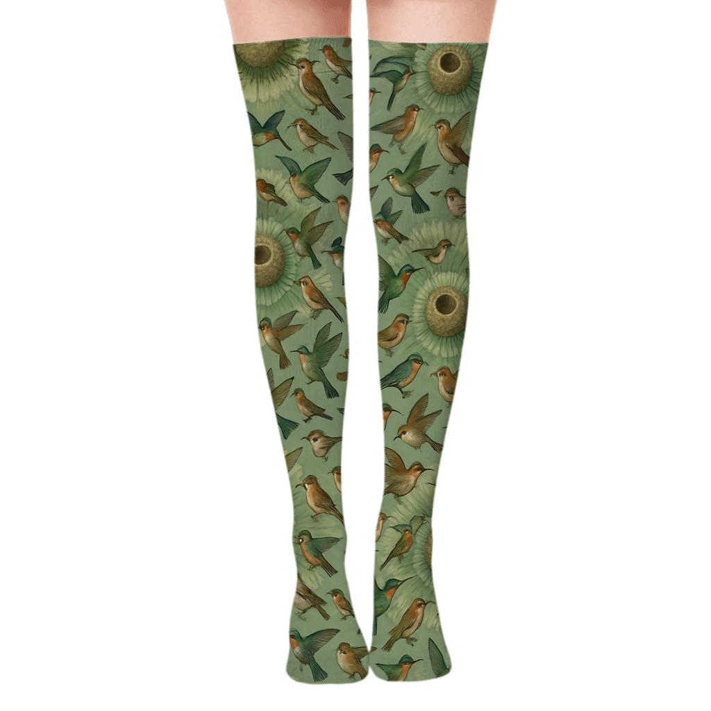 Celestial Aviary Pattern Bird Edition designer print over-the-knee socks