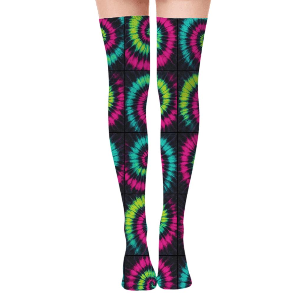 Neon Spiral Tile Grid On Charcoal Wash unique graphic over-the-knee socks