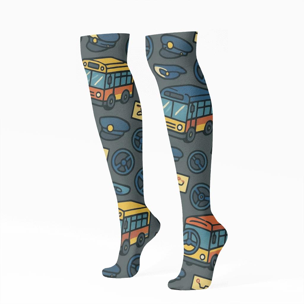 Metro Rhythm Pattern With Bus Driver Icons designer print knee-high socks