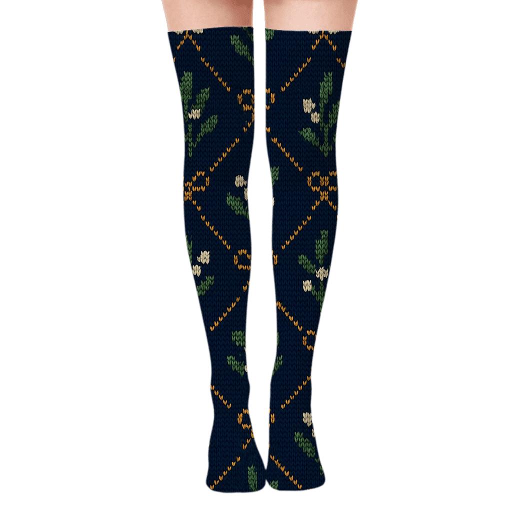 Mistletoe-Inspired Midnight Knitted Illusion Grid designer print over-the-knee socks