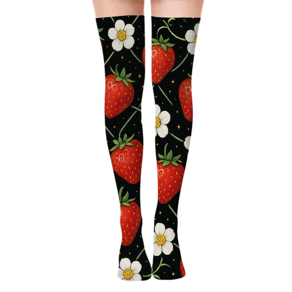 Strawberry Constellation Lattice On Midnight Black soft everyday over-the-knee socks