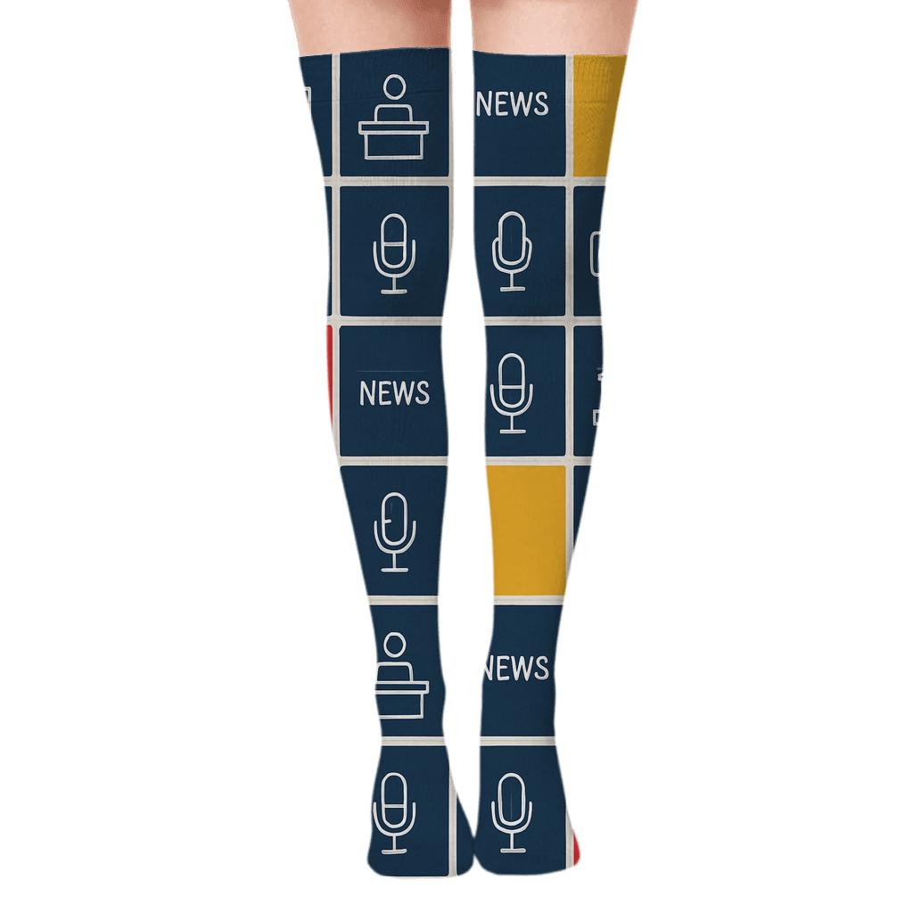 Studio Grid With News Anchor Motifs comfortable cotton over-the-knee socks