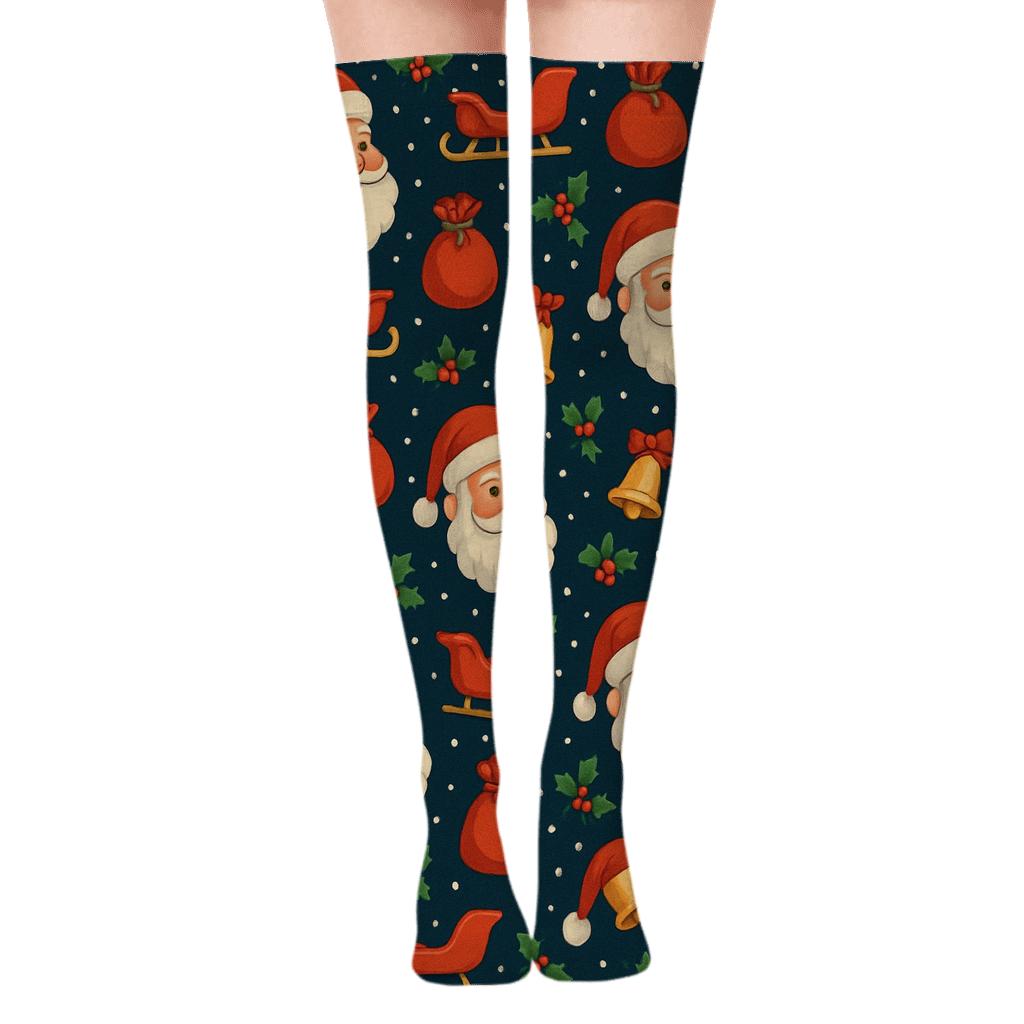 Santa Claus Midnight Gift Grid designer print over-the-knee socks