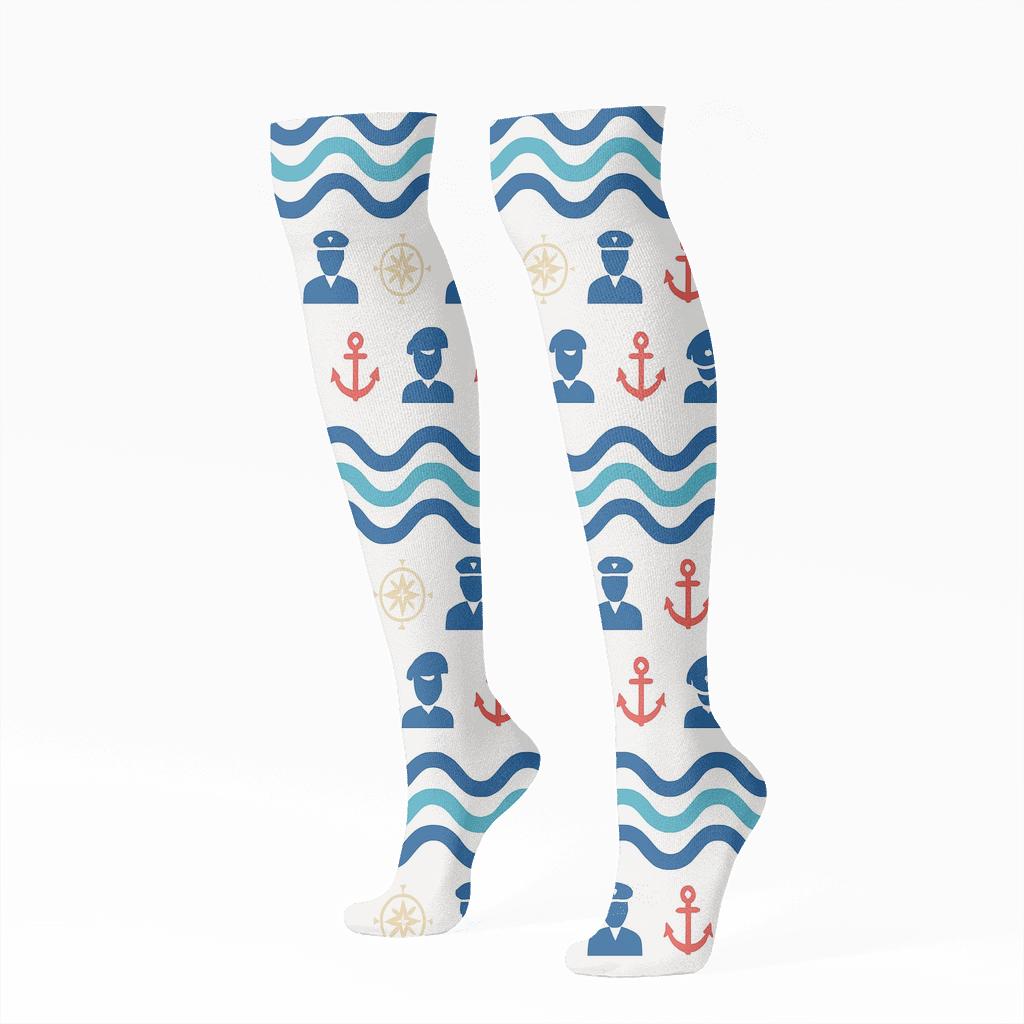 Tidal Chevron With Ship Captain Icons custom knee-high socks