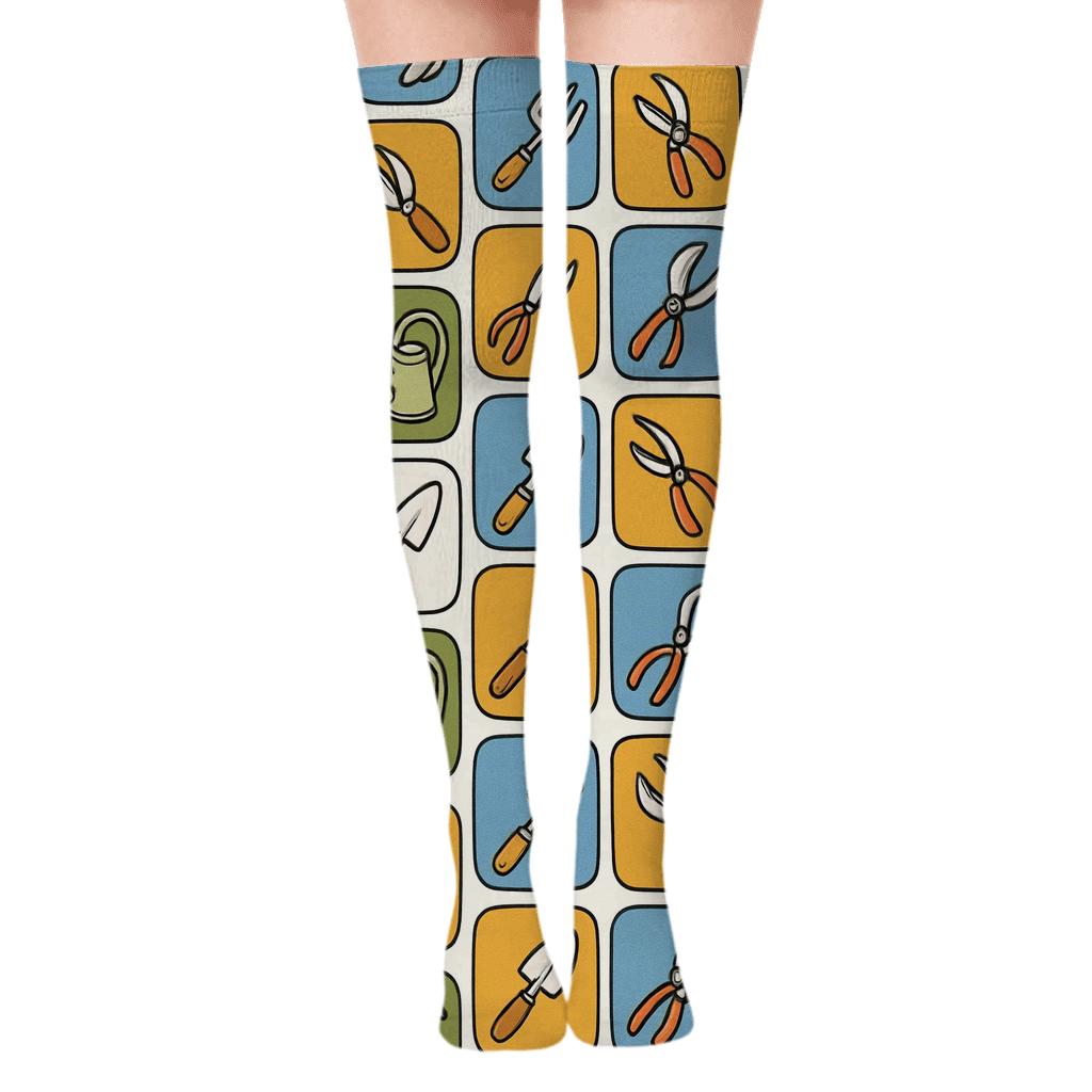 Groundskeeper Garden Tool Patchwork Grid premium cozy over-the-knee socks
