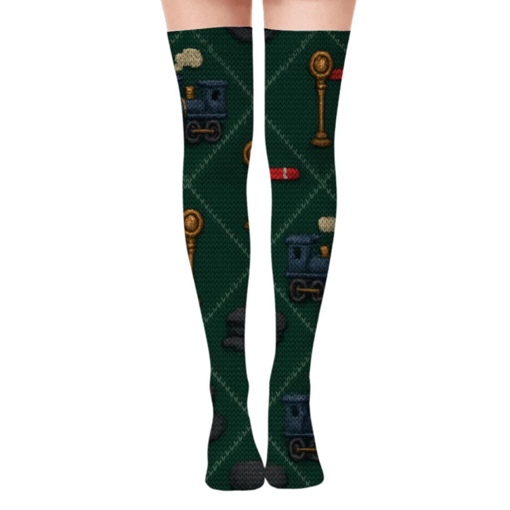 Train Conductor Night Signal Lattice designer print over-the-knee socks
