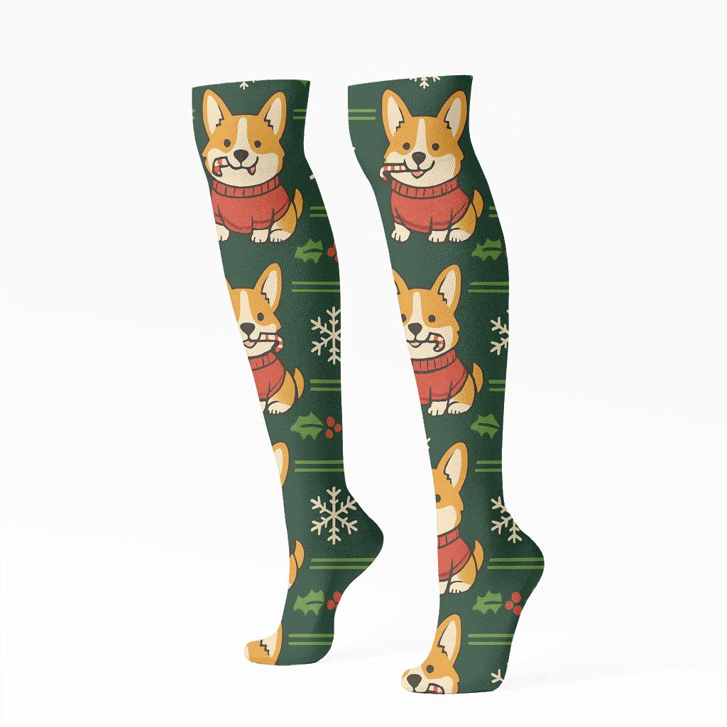 Christmas Corgi Sweater Stripes unique graphic knee-high socks