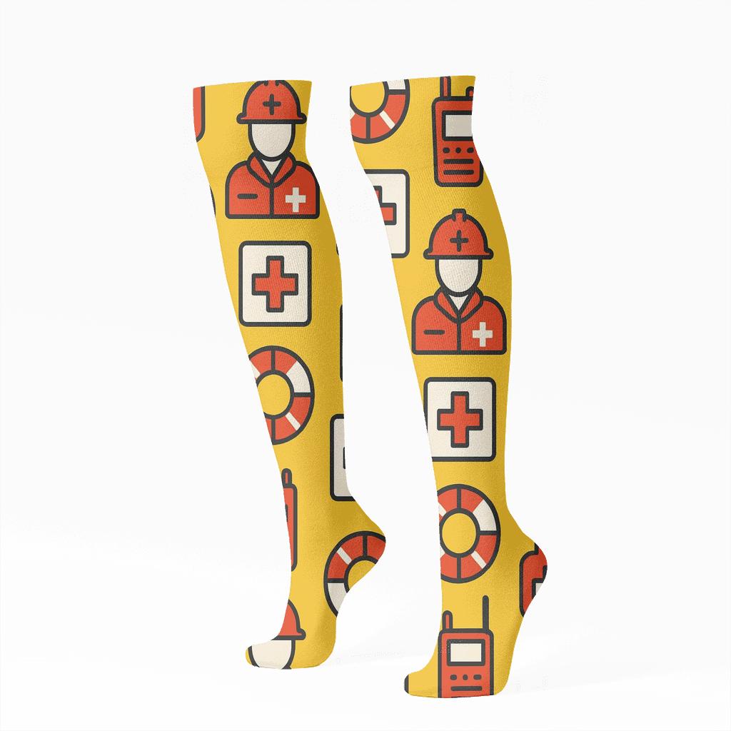 Rescue Worker Signal Grid On Safety Yellow unique graphic knee-high socks