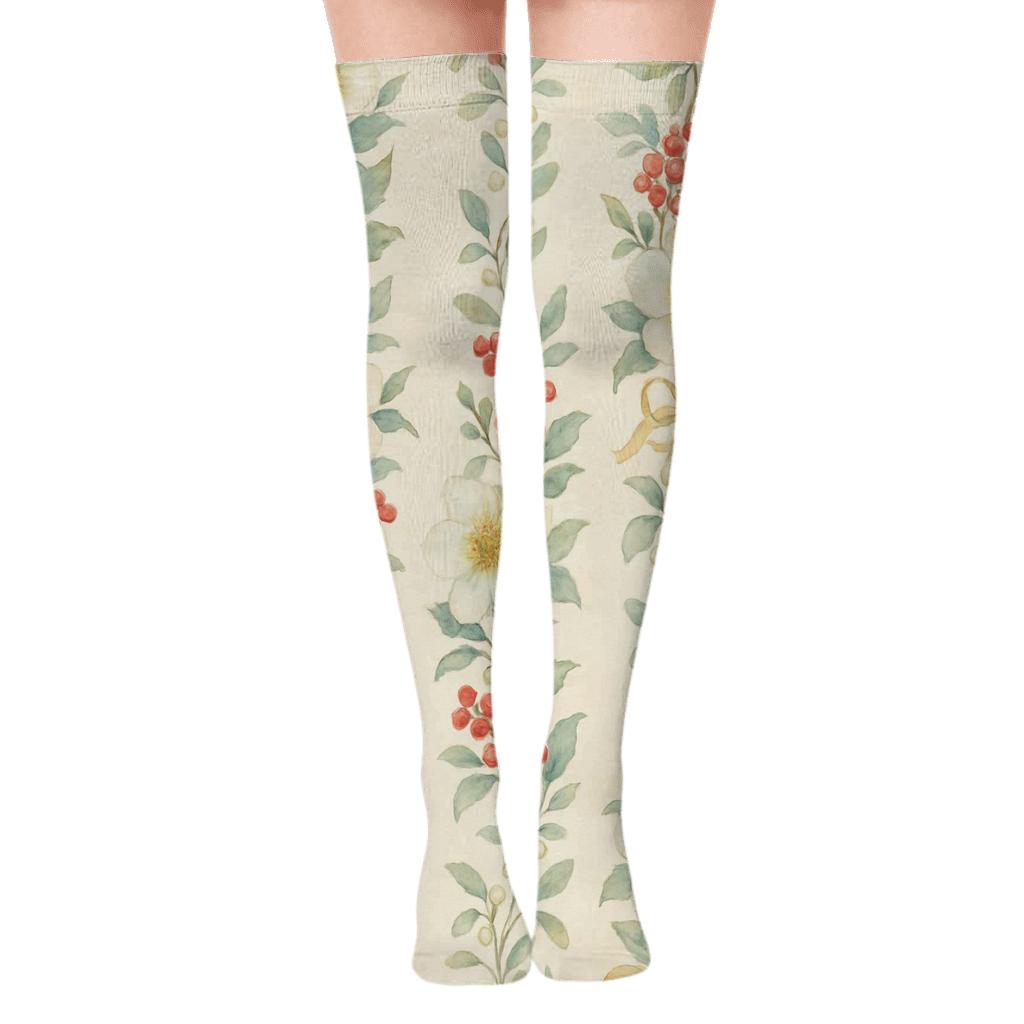 Evergreen Holly Garland Vines unique graphic over-the-knee socks