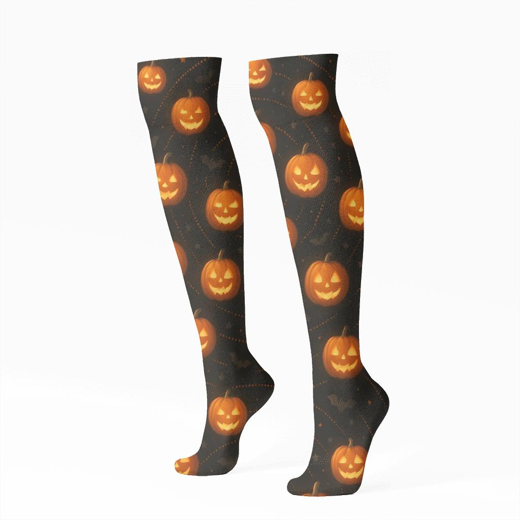 Orbiting Jack O Lantern Constellation On Black Background designer print knee-high socks
