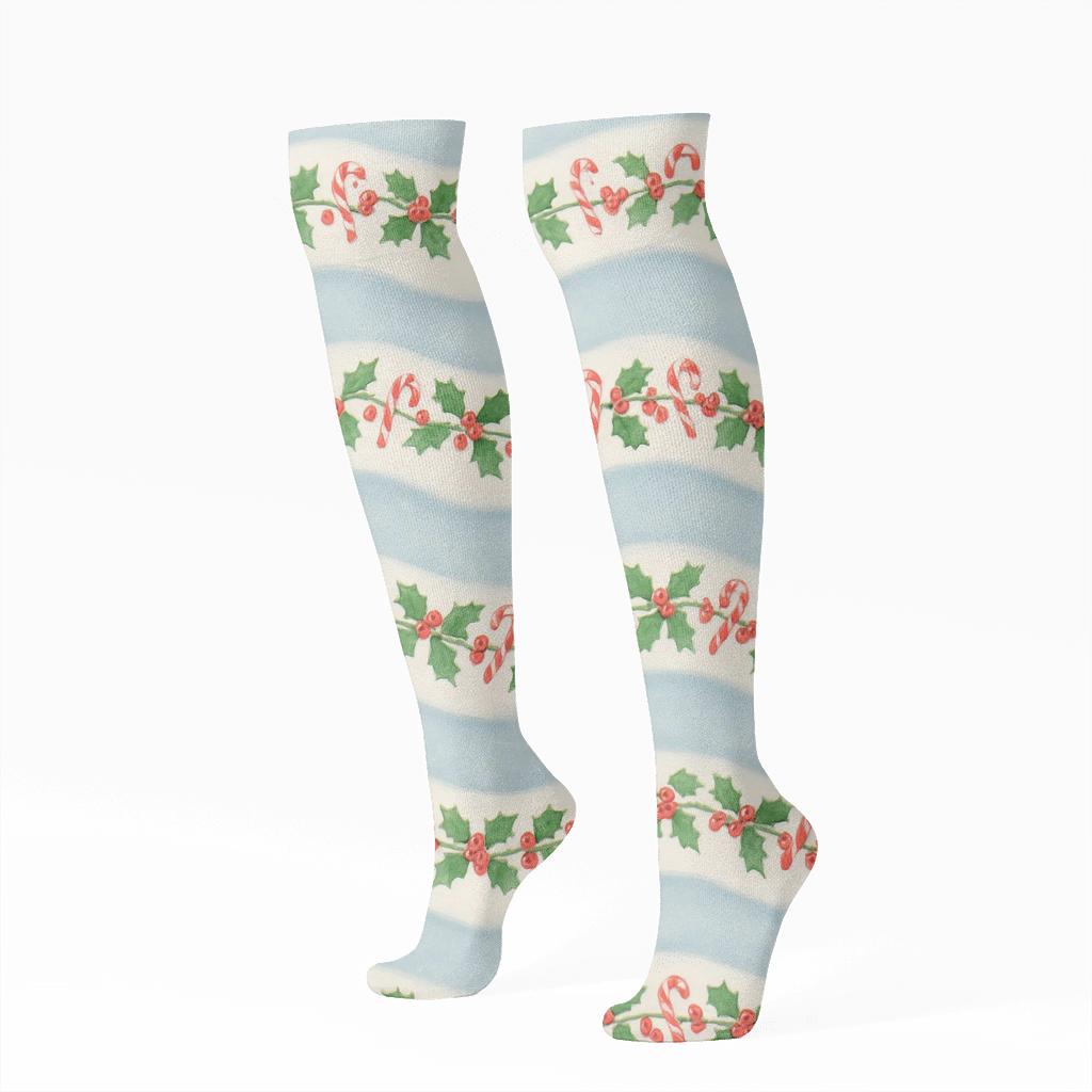 Snowdrift Trails With Candy Canes Garland trendy patterned knee-high socks