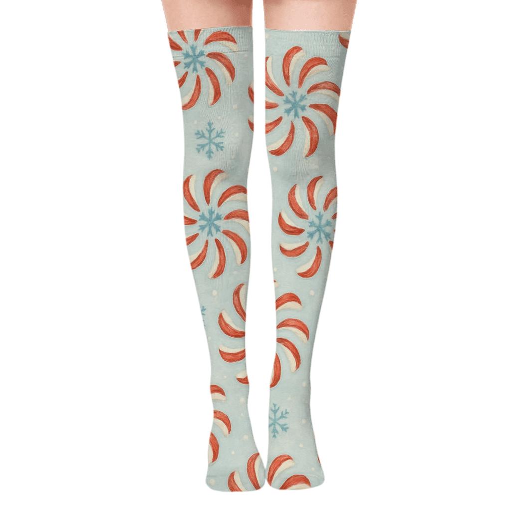 Candy Cane Spiral Holiday Snowfield premium cozy over-the-knee socks