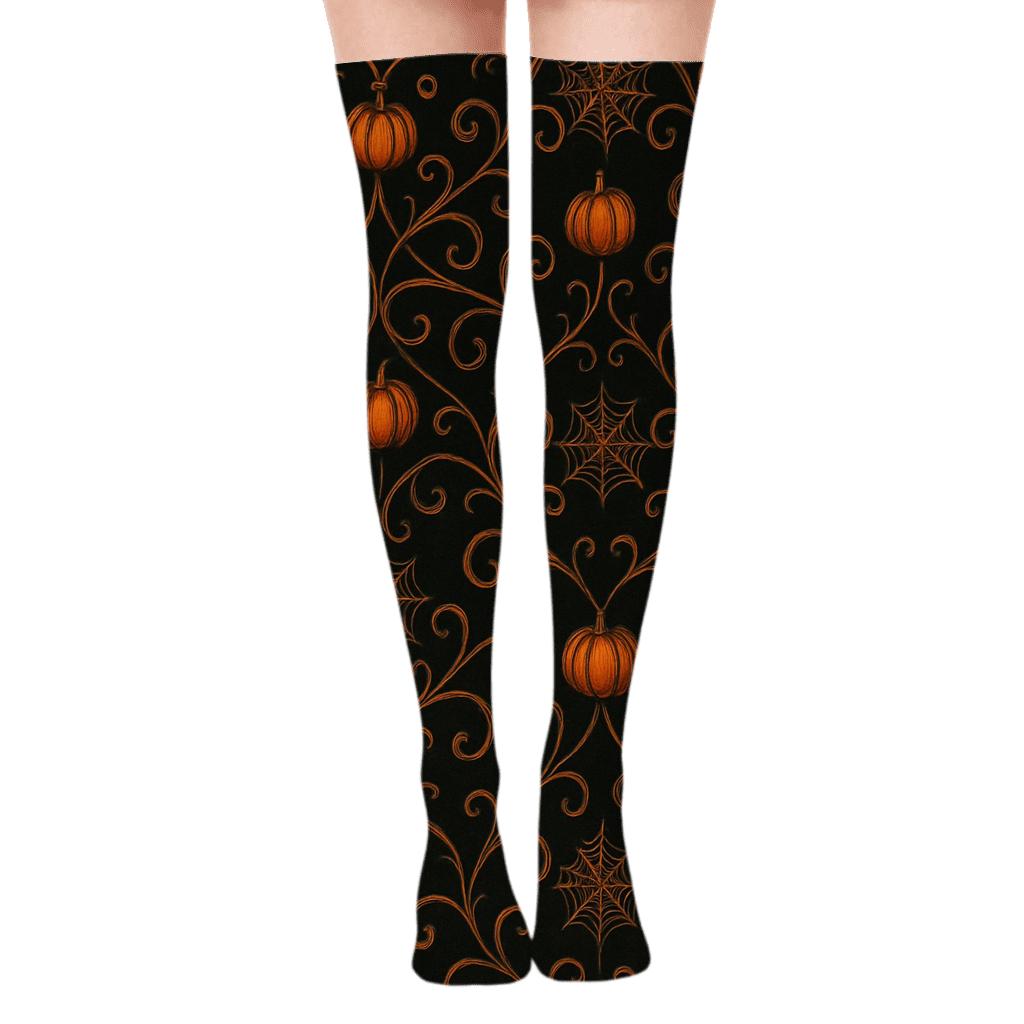 Tangled Orange Pumpkin Vines And Webs On Black Background stylish fashion over-the-knee socks
