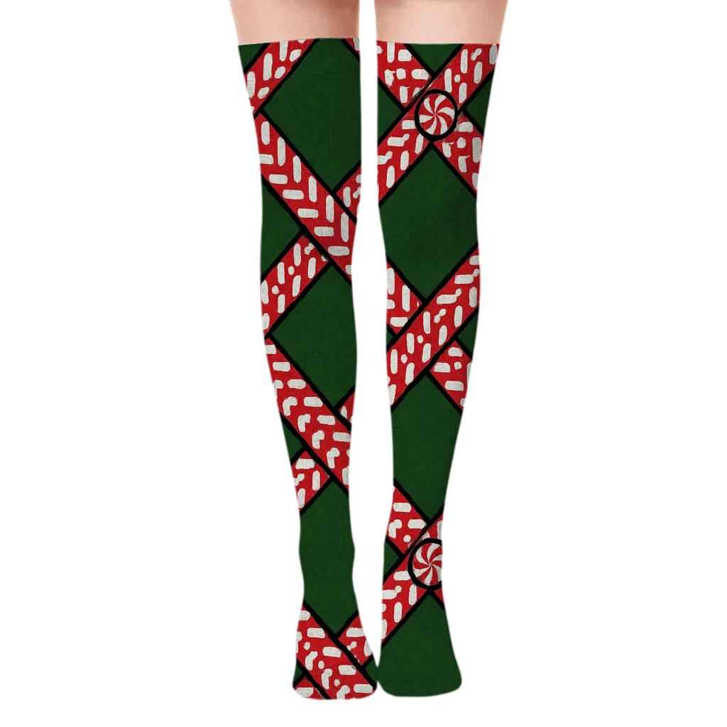 Crisscross Plaid Of Candy Canes Threads comfortable cotton over-the-knee socks